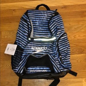 blue and black striped speedo bag